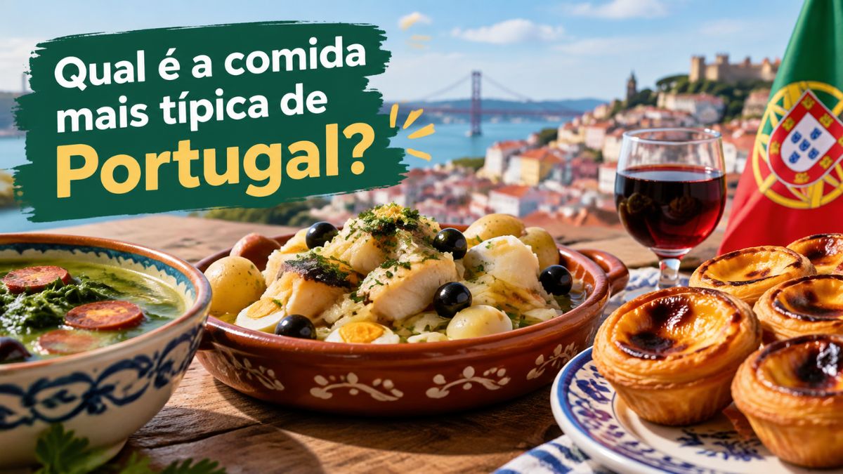 Mesa tradicional com pratos da gastronomia portuguesa, incluindo bacalhau à Gomes de Sá com batatas e azeitonas, caldo verde com chouriço, pastéis de nata e vinho, com fundo panorâmico da cidade de Lisboa e bandeira de Portugal.