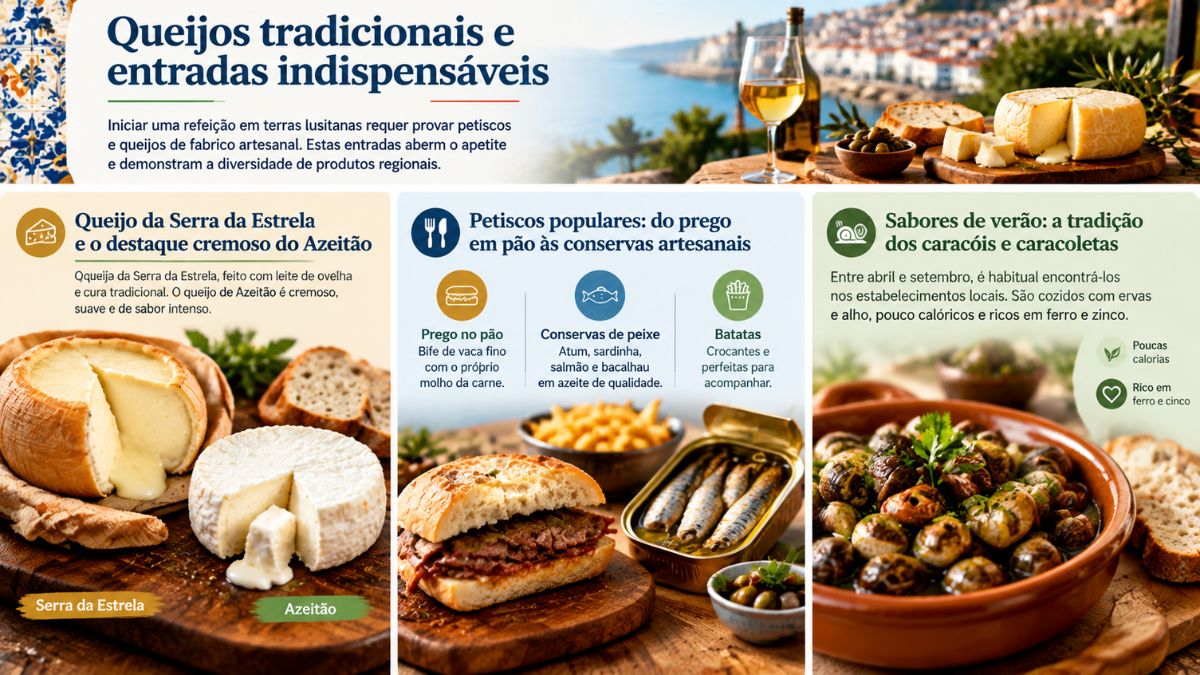 Infográfico sobre queijos tradicionais e entradas de Portugal, destacando queijo da Serra da Estrela, queijo de Azeitão, prego no pão, conservas de peixe e caracóis cozinhados.
