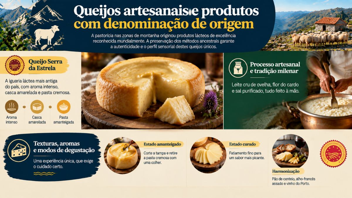 Infográfico sobre queijos artesanais e produtos com denominação de origem em Portugal destacando o Queijo Serra da Estrela, o processo de fabrico artesanal e modos de degustação.
