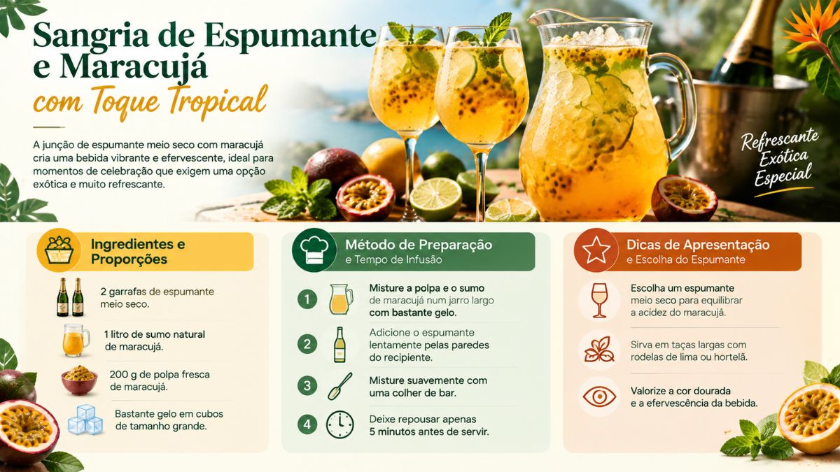Infográfico detalhado da receita de sangria de espumante e maracujá com toque tropical, apresentando os ingredientes necessários como espumante meio seco, sumo e polpa fresca de maracujá e gelo, o método de preparação em quatro passos simples e dicas profissionais de apresentação em taças elegantes para momentos de celebração.