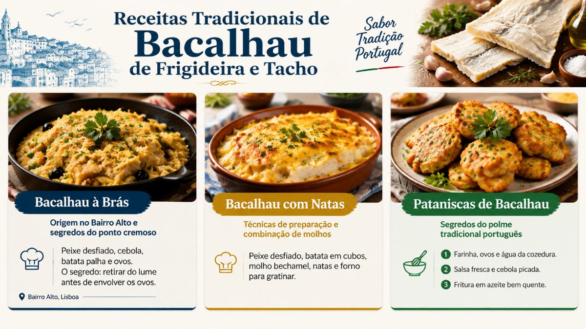 Infográfico com receitas tradicionais de bacalhau de frigideira e tacho em Portugal, apresentando pratos como bacalhau à Brás, bacalhau com natas e pataniscas de bacalhau com os respetivos ingredientes e segredos de preparação.