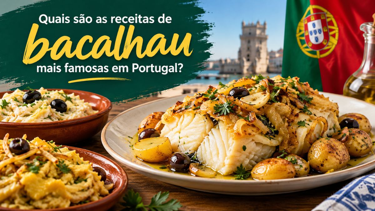 Prato de bacalhau à Lagareiro assado com batatas a murro, alho, azeitonas e azeite, acompanhado por bacalhau à Brás e bacalhau com natas, com a Torre de Belém e a bandeira de Portugal ao fundo.