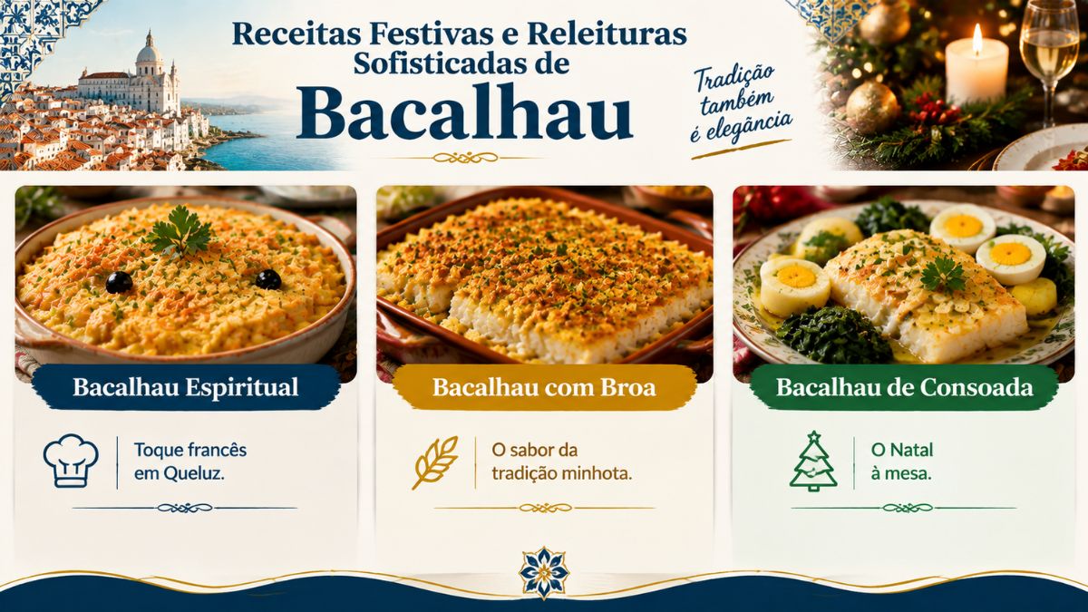 Infográfico com receitas festivas e releituras sofisticadas de bacalhau em Portugal, destacando o bacalhau Espiritual, o bacalhau com broa e o bacalhau de Consoada de Natal com os seus respetivos conceitos.
