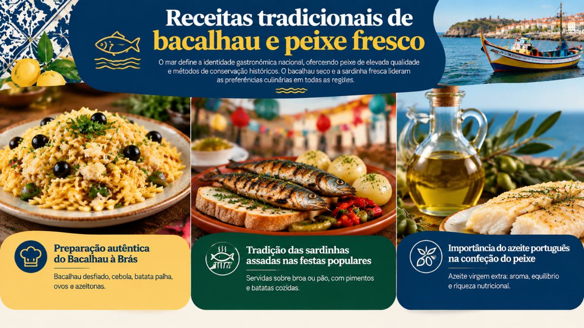 Infográfico com receitas tradicionais de bacalhau e peixe fresco em Portugal destacando o Bacalhau à Brás, sardinhas assadas sobre pão e azeite virgem extra português.