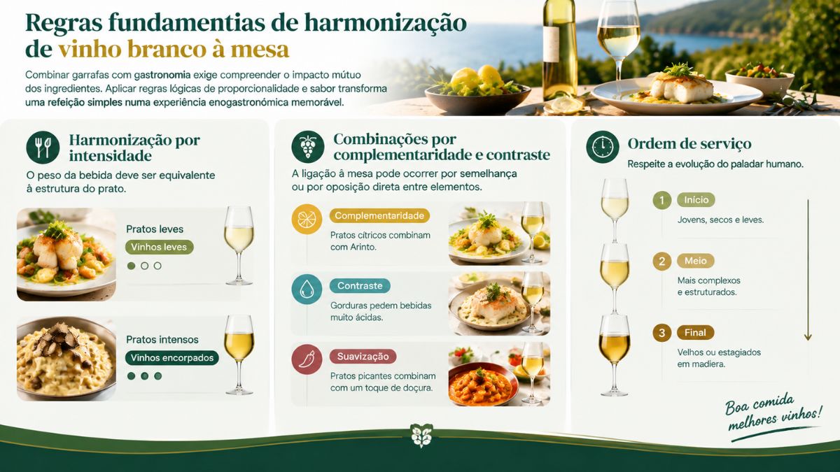 Infográfico sobre regras fundamentais de harmonização de vinho branco à mesa com orientações sobre harmonização por intensidade, combinações por complementaridade, contraste ou suavização e a ordem ideal de serviço durante uma refeição.