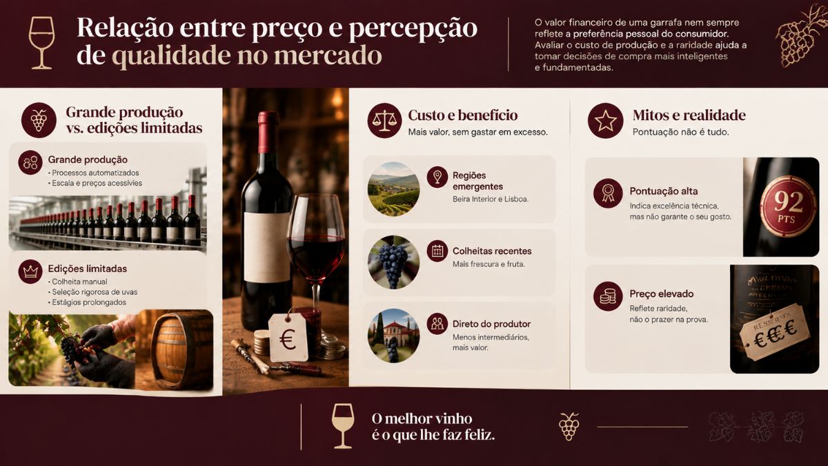 Infográfico explicativo sobre a relação entre preço e percepção de qualidade no mercado de vinhos comparando grande produção e edições limitadas.