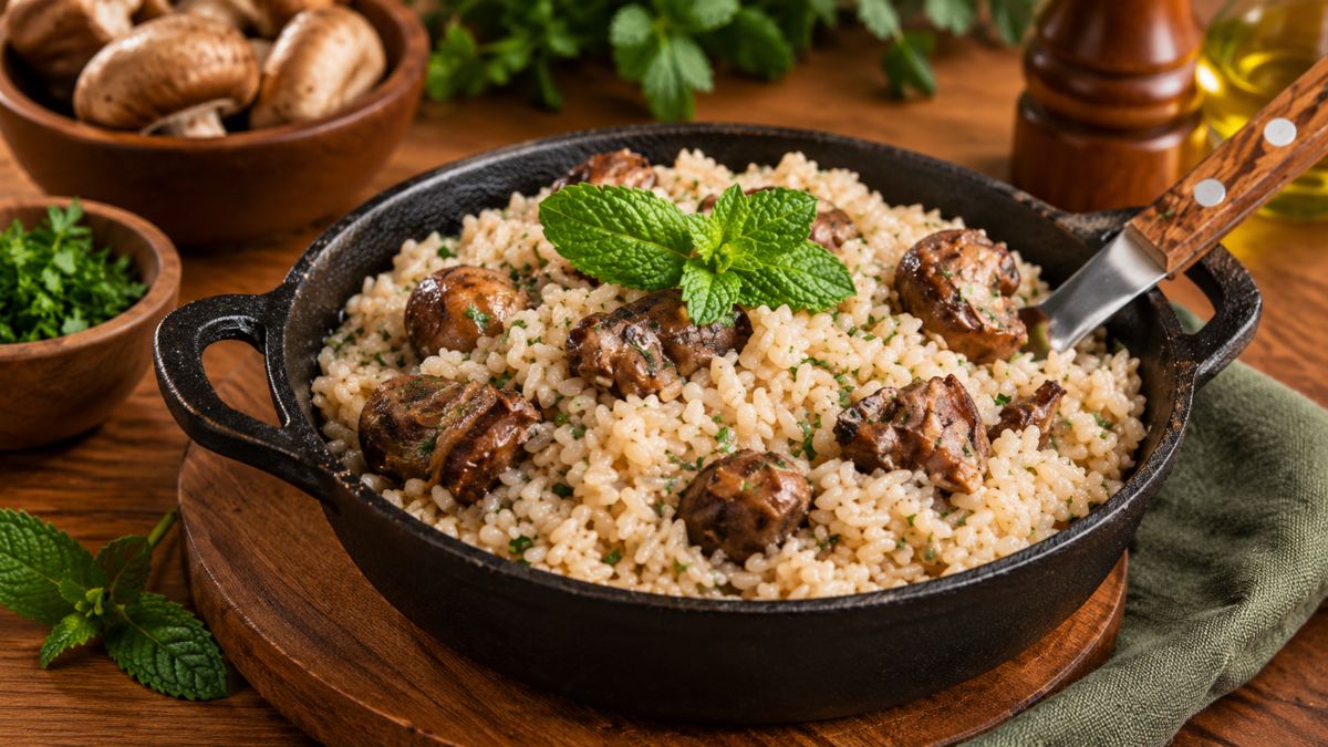 Uma frigideira de ferro fundido rústica cheia de risoto de cogumelos cremoso, decorada com cogumelos inteiros assados, salsa picada e um raminho de hortelã fresca no centro. Ao fundo, tigelas de madeira com cogumelos frescos e salsa, um galheteiro de azeite e um moedor de pimenta sobre uma mesa de madeira.