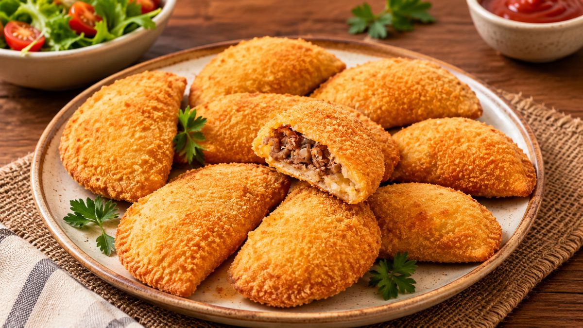 Prato com rissóis de carne fritos até ficarem dourados, estando um aberto ao meio a mostrar o recheio cremoso e suculento.