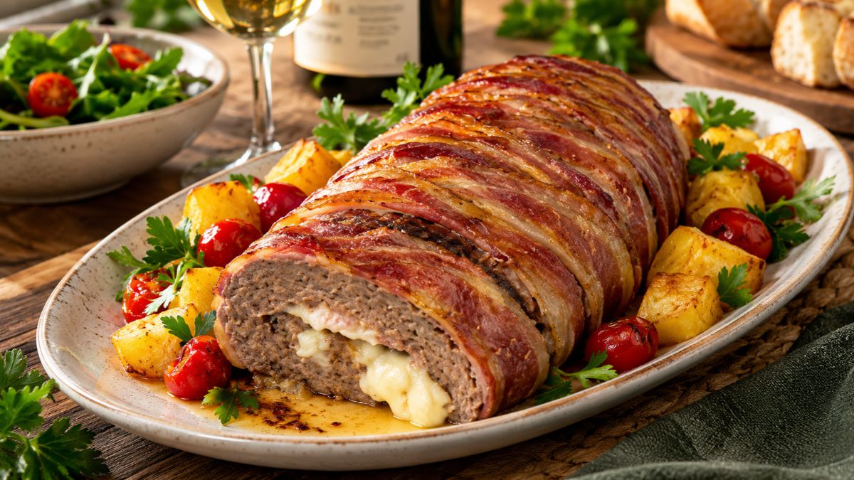 Uma travessa de servir com um rolo de carne fatiado e recheado com queijo derretido, envolto em fatias de bacon crocante, acompanhado por batatas assadas e tomates cereja.