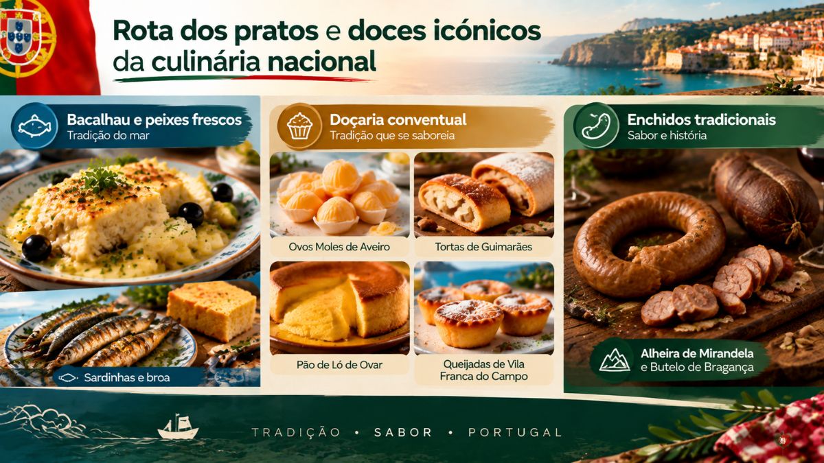 Infográfico sobre a rota dos pratos e doces icónicos da culinária nacional com destaques para o bacalhau, doçaria conventual e enchidos.