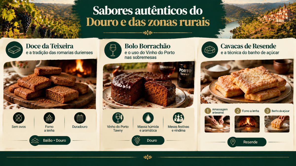 Infográfico sobre sabores autênticos do Douro e das zonas rurais apresentando Doce da Teixeira, Bolo Borrachão e Cavacas de Resende.
