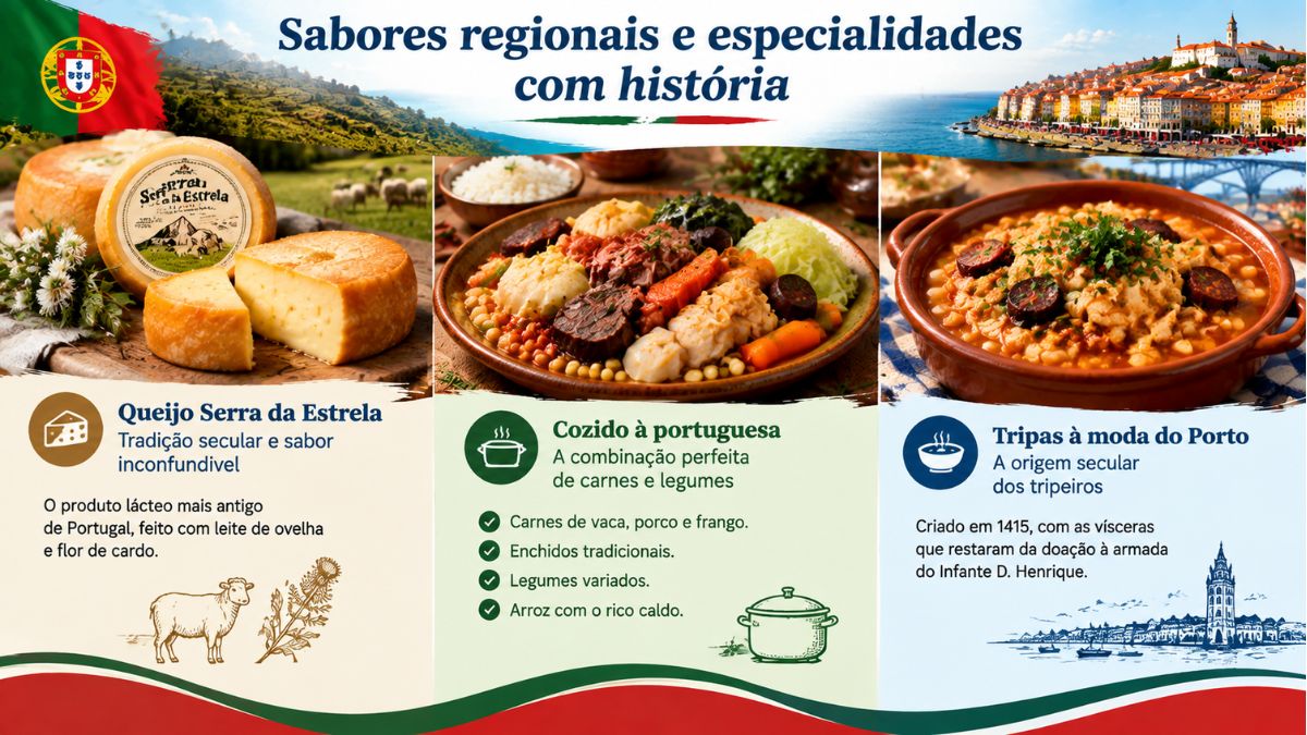 Infográfico sobre sabores regionais de Portugal apresentando o Queijo Serra da Estrela, o Cozido à portuguesa e as Tripas à moda do Porto.
