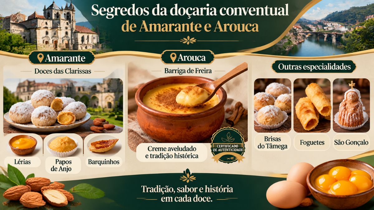 Infográfico sobre segredos da doçaria conventual de Amarante e Arouca com Lérias, Barriga de Freira, Foguetes e São Gonçalo.