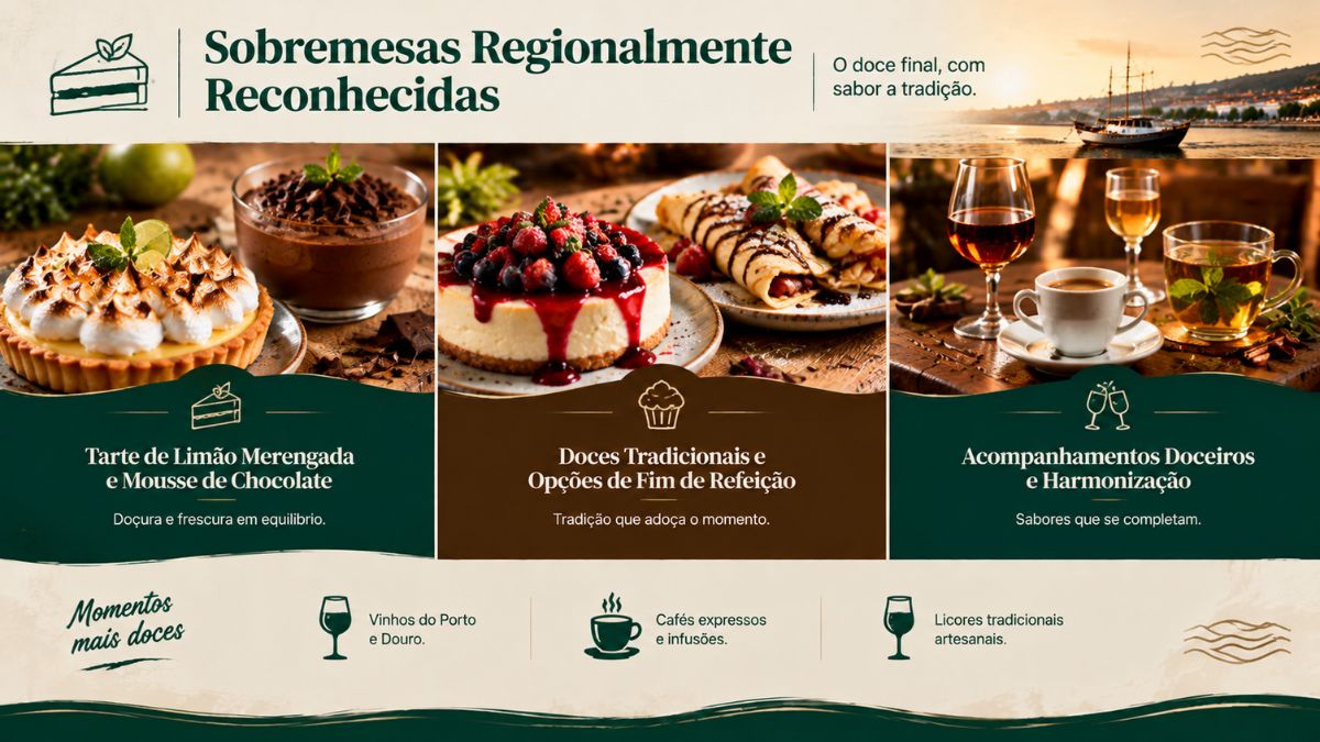 Infográfico com sobremesas do restaurante O Cangalho incluindo tarte de limão merengada, mousse de chocolate e harmonizações em Vila do Conde.