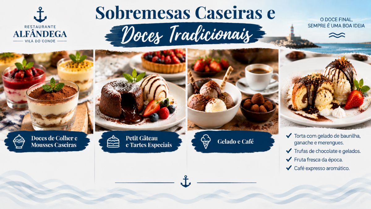 Seleção de sobremesas caseiras do restaurante Alfândega em Vila do Conde com mousses petit gâteau tartes gelados e café expresso.