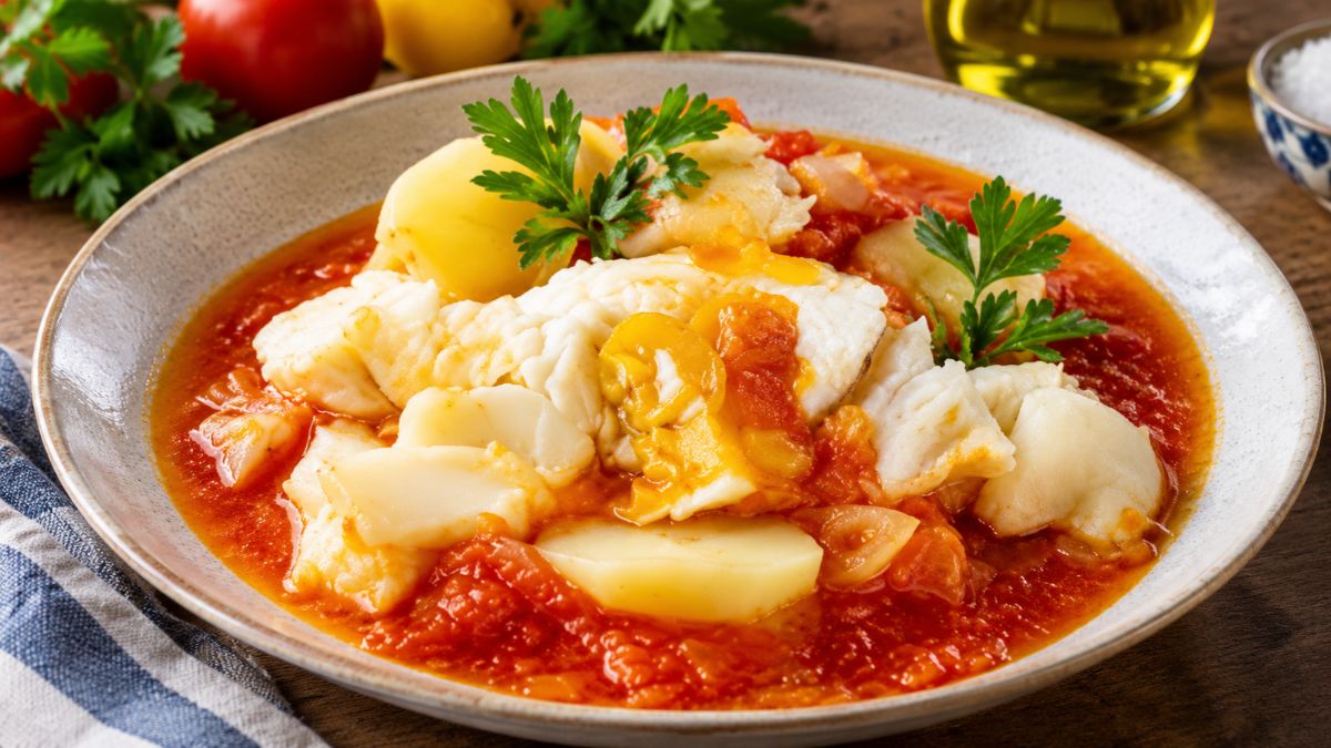 Prato fundo com sopa de tomate rica acompanhada por lascas de bacalhau cozido, batatas e salsa fresca sobre mesa de madeira.