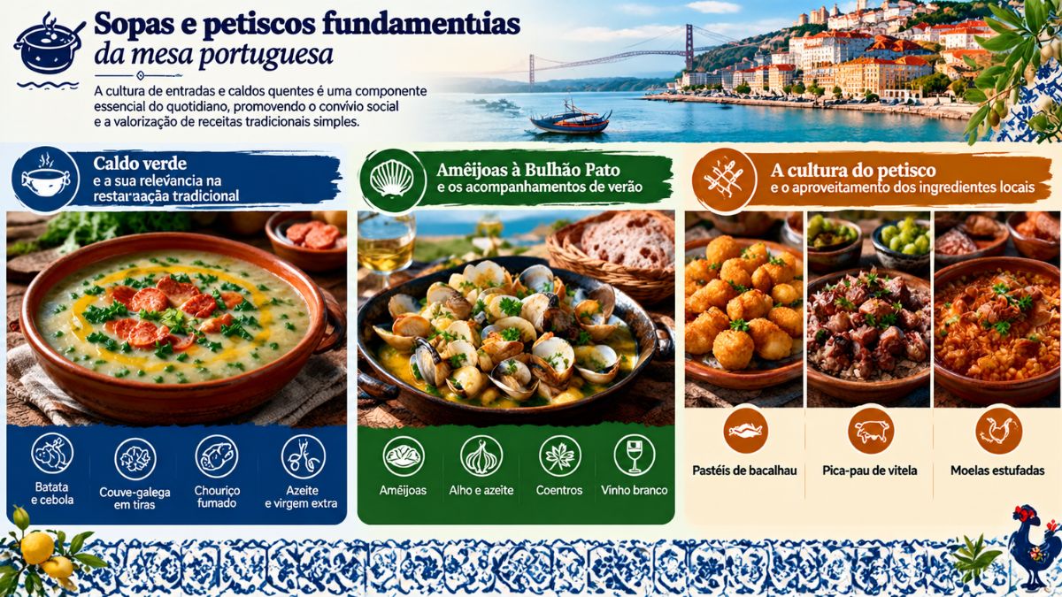 Infográfico sobre sopas e petiscos de Portugal destacando caldo verde com chouriço, amêijoas à Bulhão Pato, pastéis de bacalhau, pica-pau de vitela e moelas estufadas.