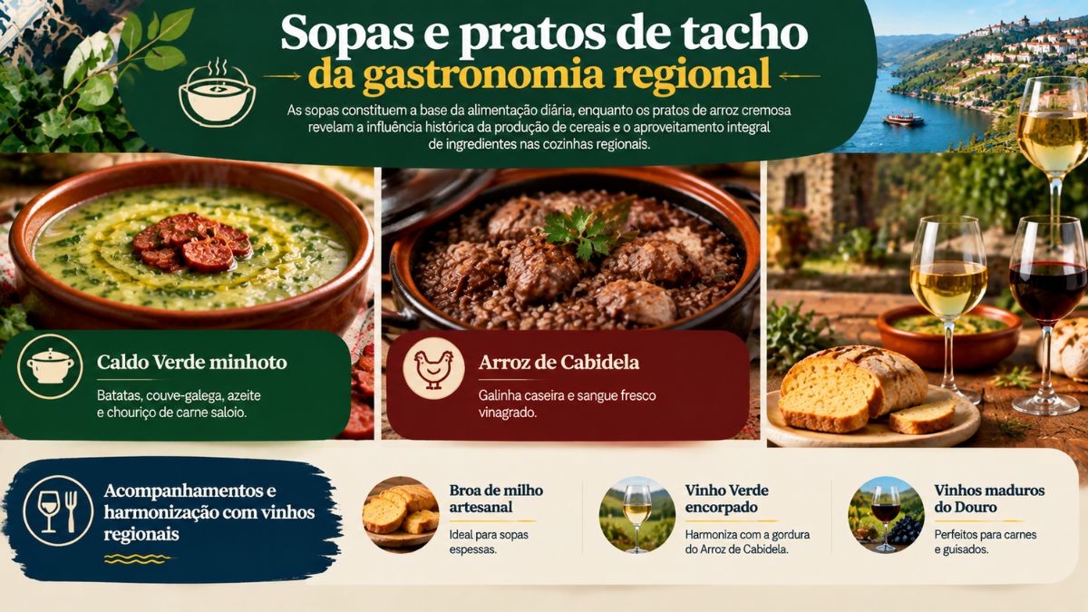 Infográfico sobre sopas e pratos de tacho da gastronomia regional em Portugal destacando o Caldo Verde minhoto, o Arroz de Cabidela e harmonizações com broa e vinhos.