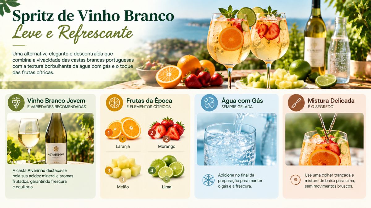 Infográfico explicativo sobre como preparar spritz de vinho branco leve e refrescante, destacando a utilização da casta Alvarinho, seleção de frutas da época como laranja, morango, melão e lima, adição de água com gás bem gelada e a técnica de mistura delicada para preservar a efervescência.