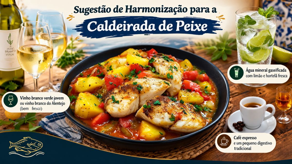 Infográfico com sugestões de harmonização para caldeirada de peixe mostrando vinho branco, água mineral com limão e café expresso.