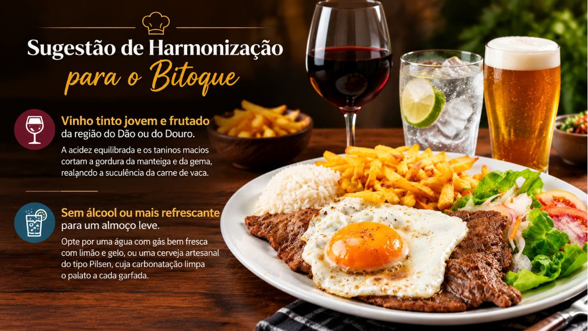 Prato de bitoque tradicional português servido com bife de vaca, ovo estrelado, batatas fritas, arroz e salada, acompanhado por um copo de vinho tinto, água com limão e cerveja.