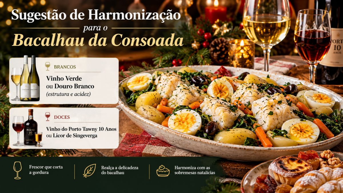 Infográfico com sugestões de harmonização para Bacalhau da Consoada, destacando vinhos brancos como Vinho Verde e Douro Branco, além de Vinho do Porto Tawny e Licor de Singeverga.