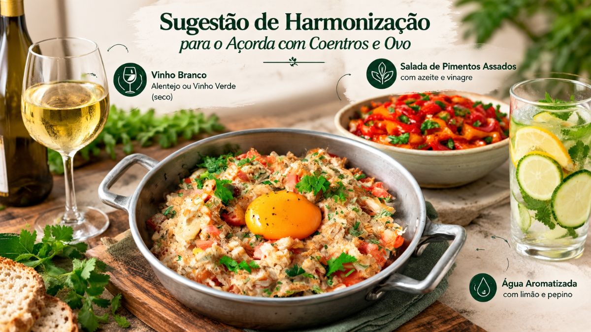 Infográfico de sugestão de harmonização para açorda com coentros e ovo mostrando um copo de vinho branco, uma salada de pimentos assados com azeite e vinagre e uma copo de água aromatizada com limão e pepino dispostos em volta do prato principal.
