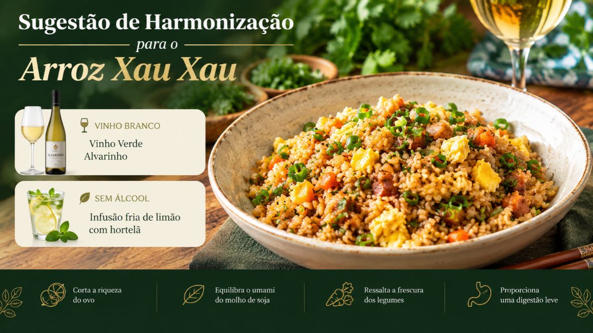 Infográfico com sugestão de harmonização para arroz xau xau, apresentando opção de Vinho Verde Alvarinho e infusão fria de limão com hortelã ao lado de uma tigela de arroz salteado.