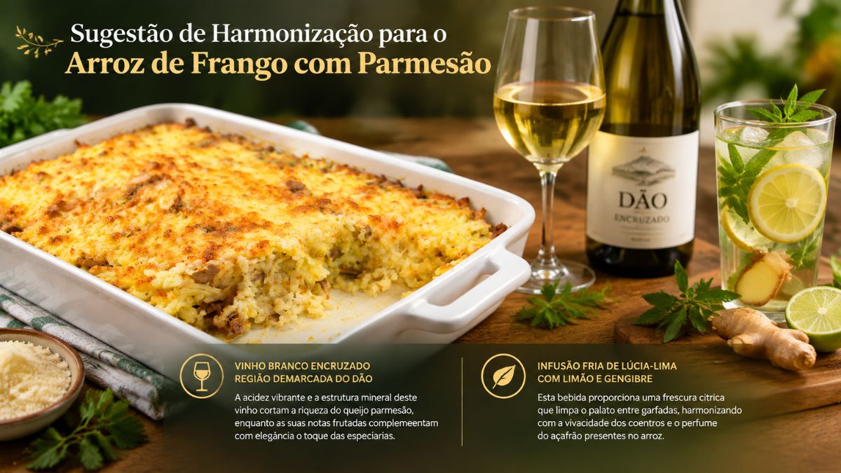 Mesa com assadeira de arroz de frango gratinado, garrafa e taça de vinho branco do Dão Encruzado e copo de infusão fria com limão e gengibre.