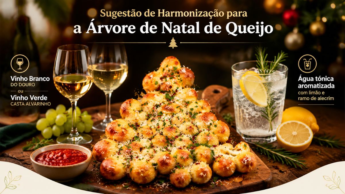Infográfico com sugestão de harmonização para árvore de natal de queijo destacando vinho branco do Douro, vinho verde Alvarinho e água tónica aromatizada.