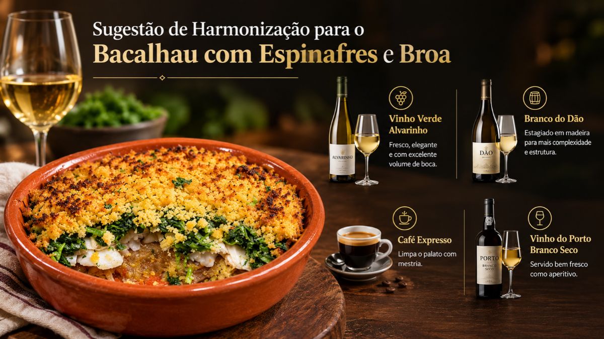 Prato tradicional de bacalhau com espinafres e broa numa assadeira de barro acompanhado por vinhos portugueses Alvarinho, Dão e Porto Branco Seco com café expresso.