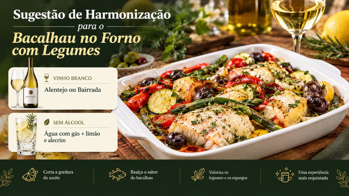 Travessa de bacalhau no forno com legumes acompanhada por garrafa de vinho branco e copo de água aromatizada.