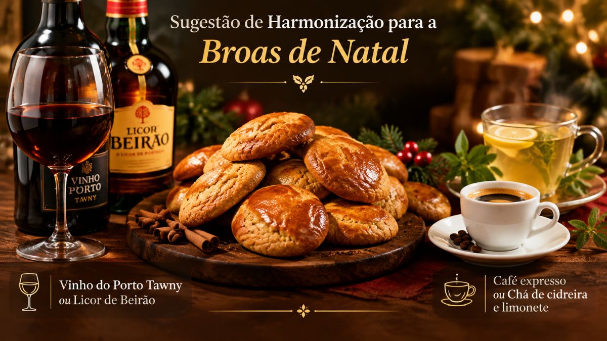 Mesa natalícia com broas de Natal ao centro, acompanhadas por garrafa de Vinho do Porto Tawny, Licor de Beirão, café expresso e chá de cidreira.