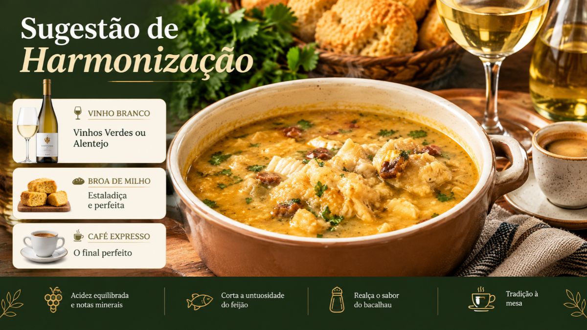 Infografia com sugestão de harmonização para caldo de bacalhau com feijão-branco incluindo vinho branco, broa de milho e café expresso.