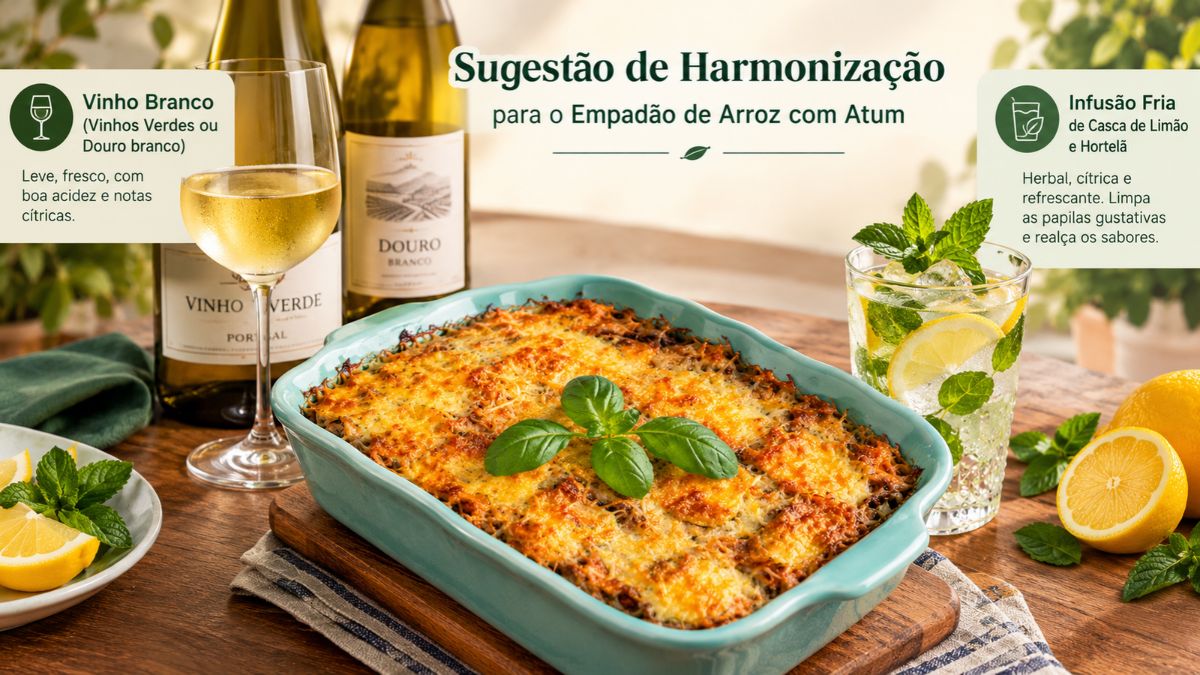 Infográfico culinário sobre uma mesa de madeira, mostrando uma travessa central azul turquesa com um empadão de arroz com atum gratinado e dourado. À esquerda, garrafas de vinho branco Vinho Verde e Douro com um copo e texto de harmonização. À direita, um copo alto de infusão fria de limão e hortelã com limões frescos e texto de harmonização. O título principal é "Sugestão de Harmonização para o Empadão de Arroz com Atum".