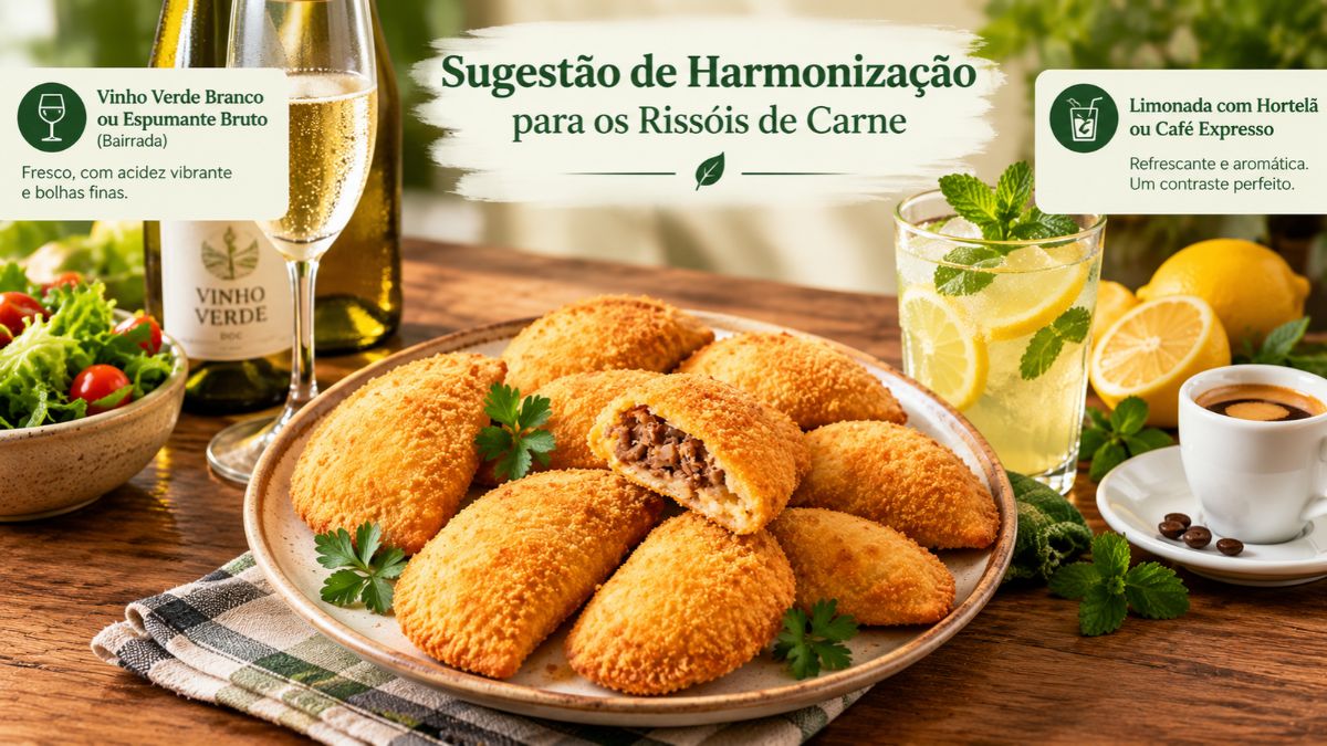 Prato de rissóis de carne acompanhado por um copo de vinho verde e um copo de limonada com hortelã sobre mesa de madeira.