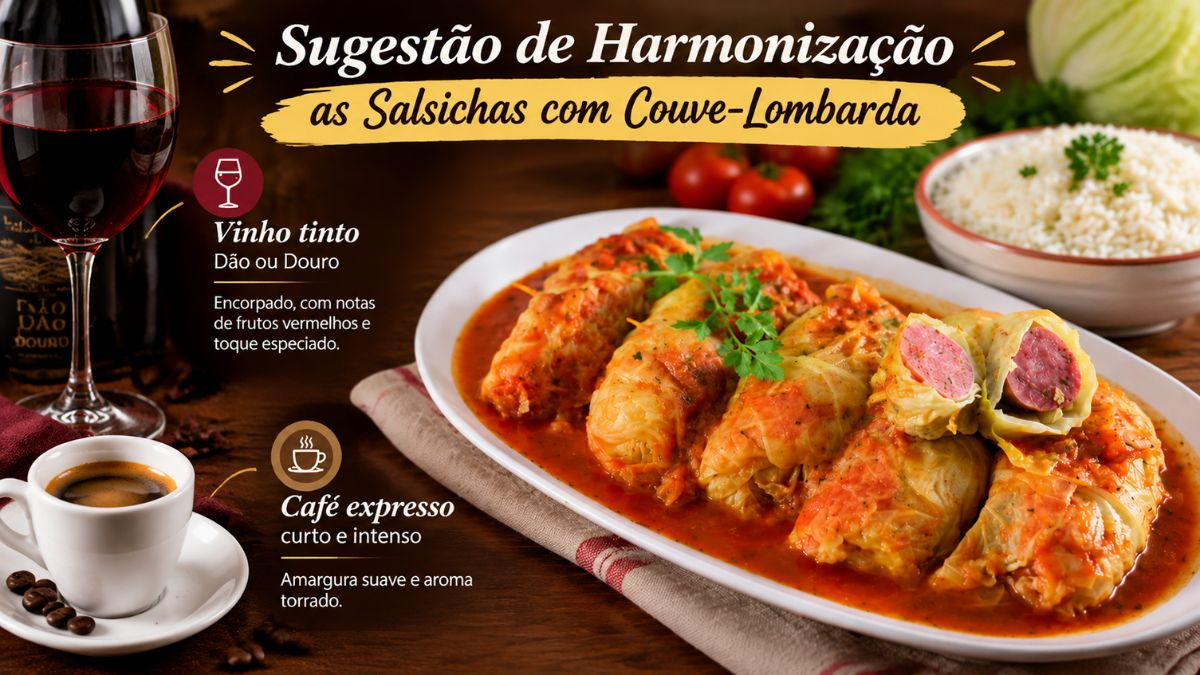 Um infográfico culinário exibe a sugestão de harmonização para salsichas com couve-lombarda. Ao centro, um prato de rolos de couve estufados em molho de tomate com arroz. À esquerda, sobressaem um copo e garrafa de vinho tinto do Dão ou Douro e uma chávena de café expresso curto acompanhada por grãos de café.
