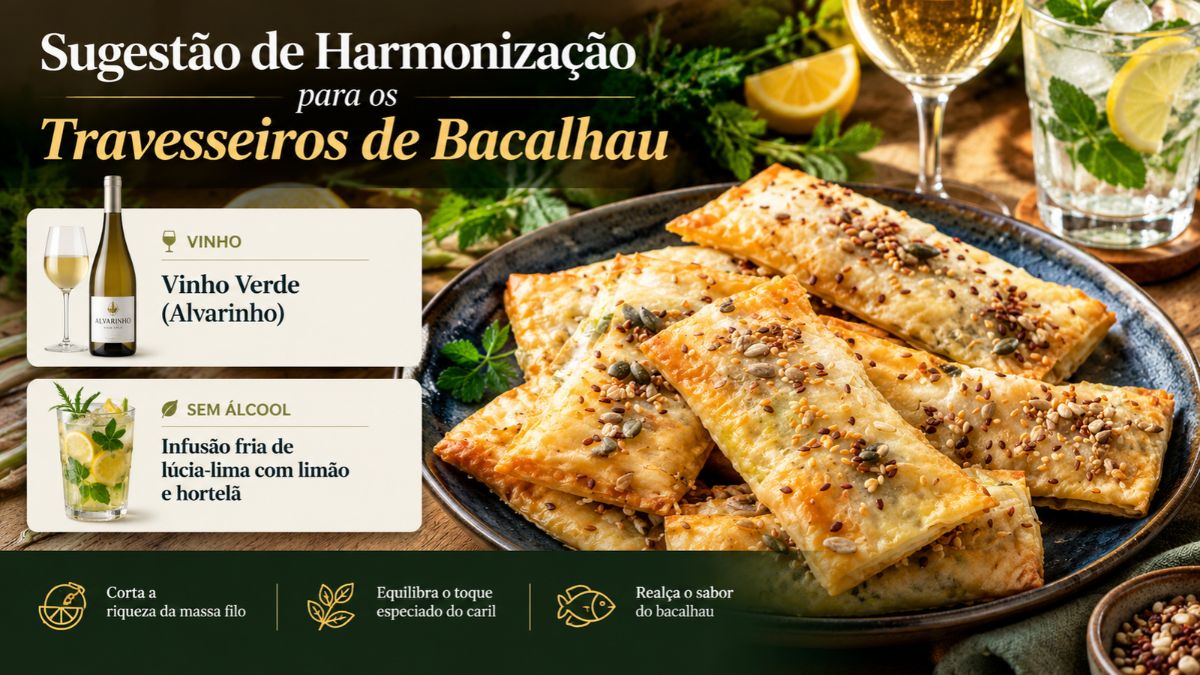 Infográfico com sugestão de harmonização de vinho verde Alvarinho e infusão de lúcia-lima com travesseiros de bacalhau em massa filo.