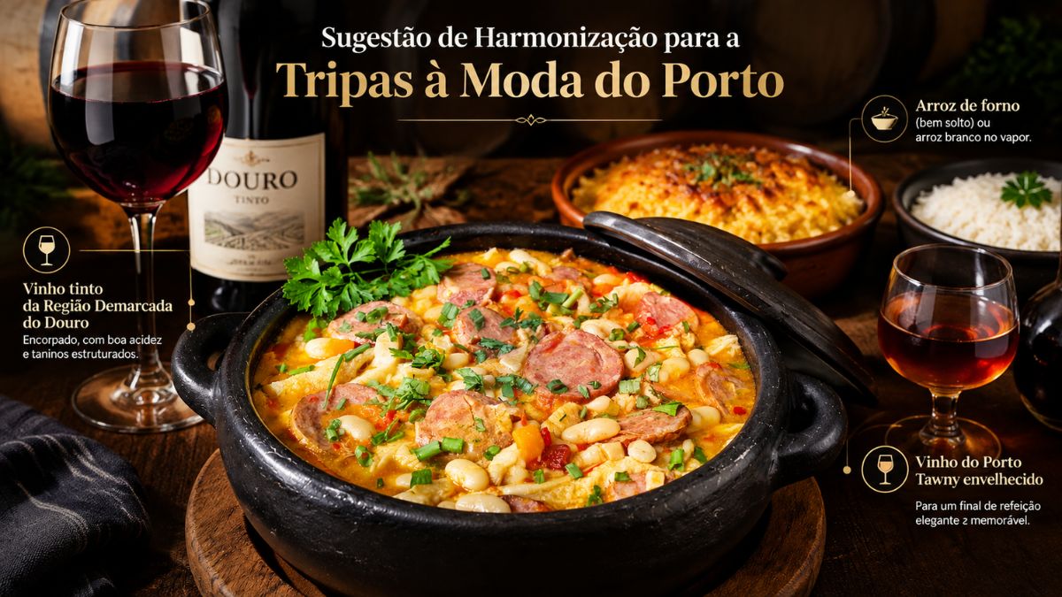 Guia visual de harmonização para Tripas à moda do Porto com vinho tinto do Douro, arroz solto e Vinho do Porto Tawny.