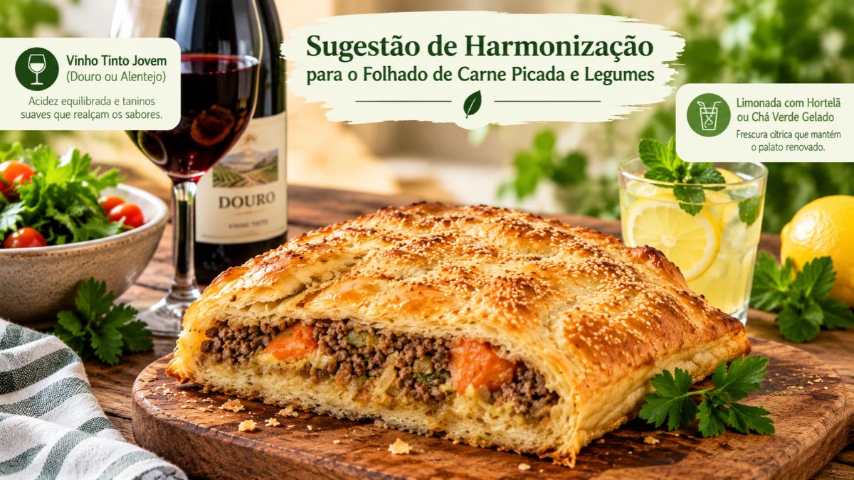Infográfico com sugestão de harmonização para folhado de carne picada e legumes, destacando garrafa de vinho tinto do Douro e copo de limonada fresca com hortelã sobre mesa de madeira.