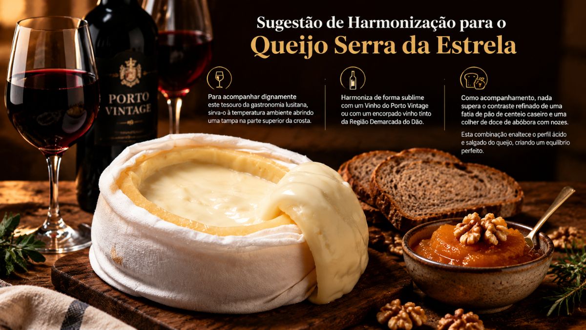 Infográfico com sugestões de harmonização para o Queijo Serra da Estrela amanteigado, mostrando uma garrafa de Vinho do Porto Vintage, um copo de vinho tinto, fatias de pão de centeio caseiro e uma taça com doce de abóbora e nozes sobre uma tábua de madeira rústica.