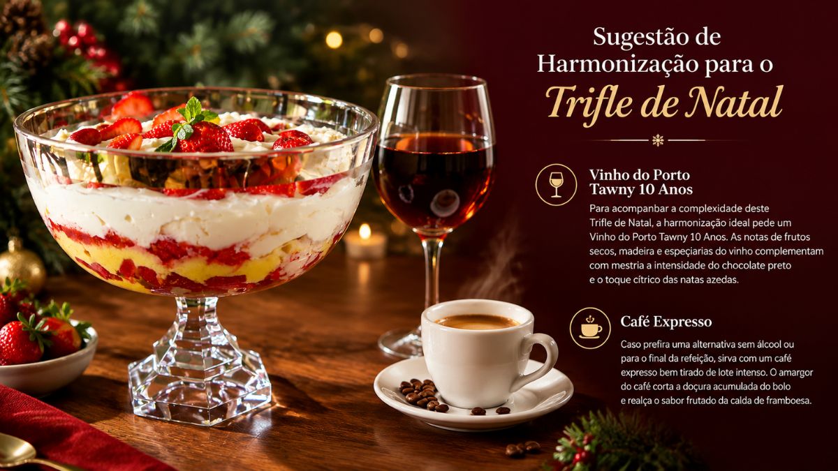 Uma imagem festiva de Natal com um grande trifle de morango em camadas num suporte de cristal, ao lado de um copo de Vinho do Porto Tawny 10 Anos e uma xícara de café expresso. O texto sobreposto sugere a harmonização das bebidas com a sobremesa.