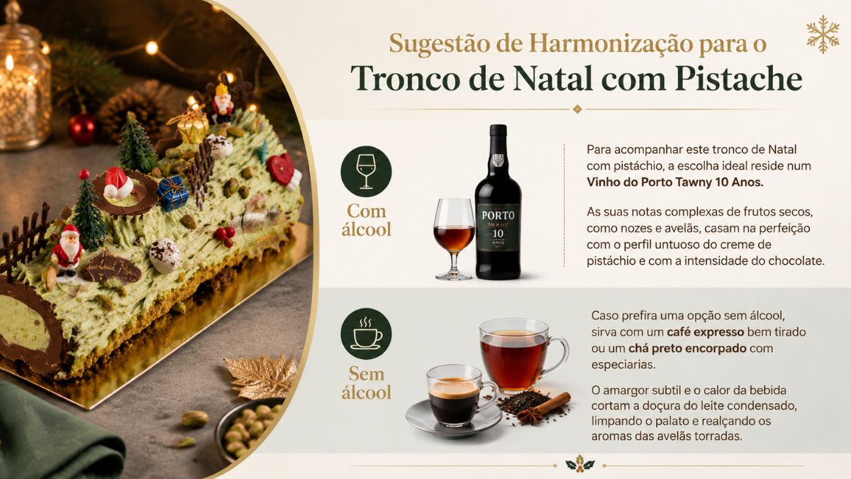 Infografia com sugestões de harmonização de Vinho do Porto e café para o tronco de Natal com pistáchio sobre fundo elegante.