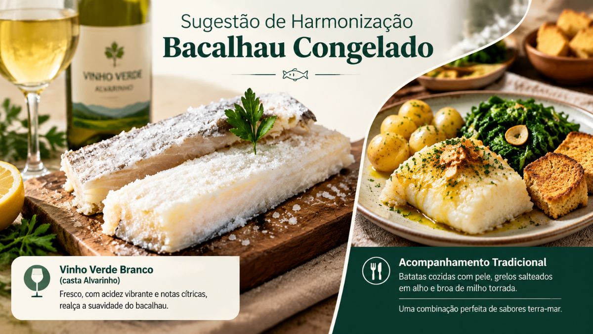 Um infográfico gastronómico mostrando postas de bacalhau congelado cruas e um prato finalizado com batatas e grelos. Uma garrafa e um copo de vinho verde Alvarinho estão do lado esquerdo. Textos explicam a harmonização e os acompanhamentos tradicionais.