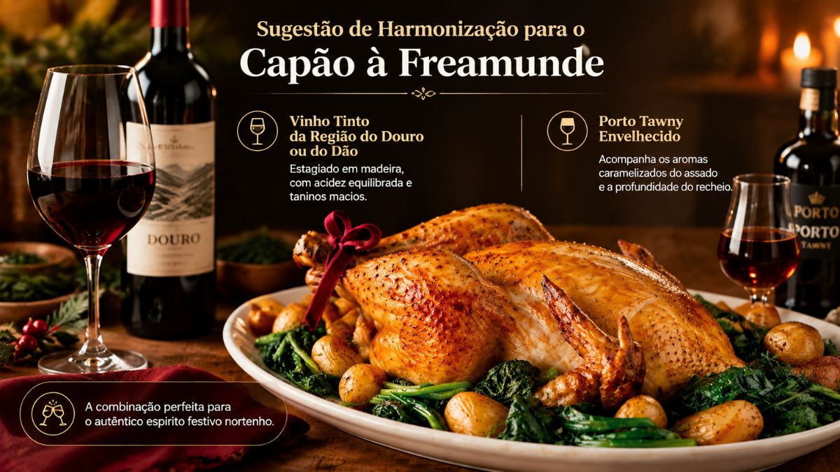 Infográfico com sugestões de harmonização de vinho tinto do Douro e Porto Tawny para o Capão à Freamunde assado.
