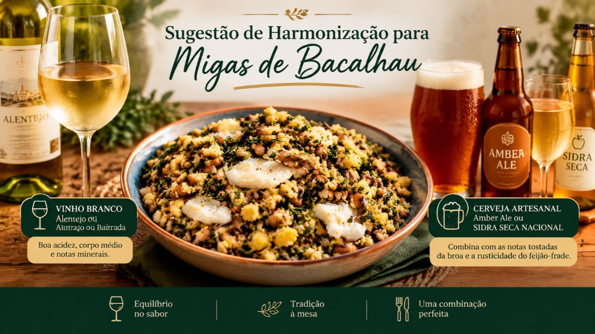 Infográfico com sugestão de harmonização para migas de bacalhau apresentando garrafa de vinho branco do Alentejo, copo de cerveja Amber Ale e sidra seca.