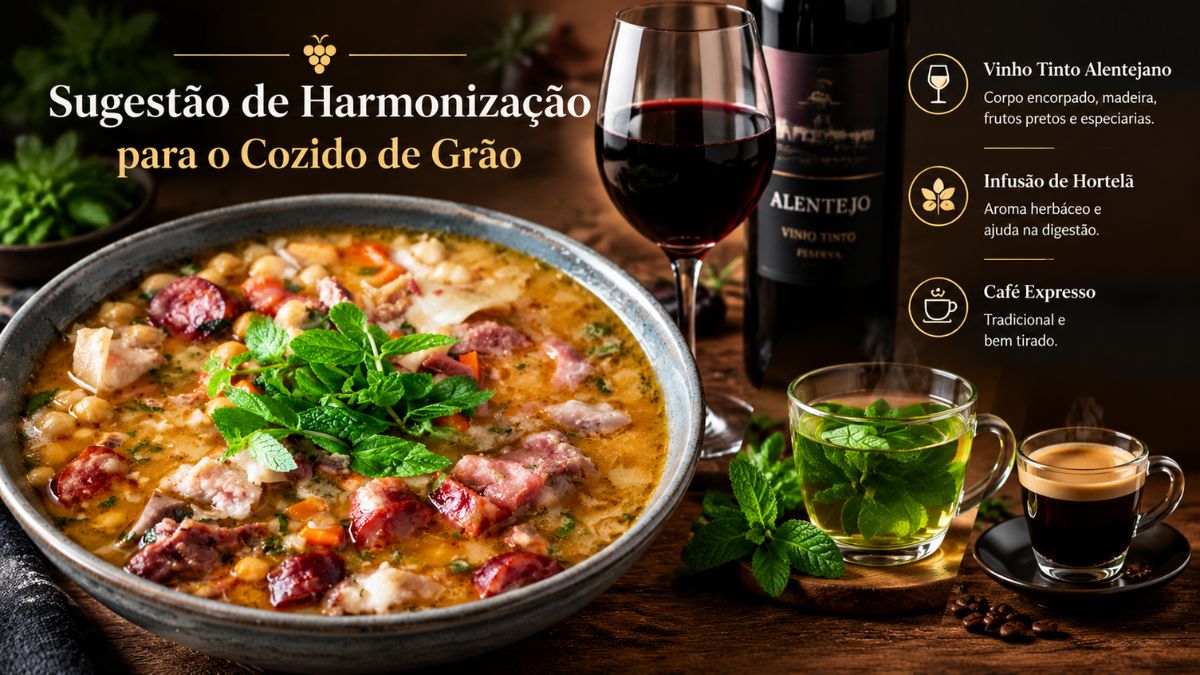 Infográfico com prato de cozido de grão acompanhado de taça de vinho tinto alentejano, chá de hortelã e café expresso.