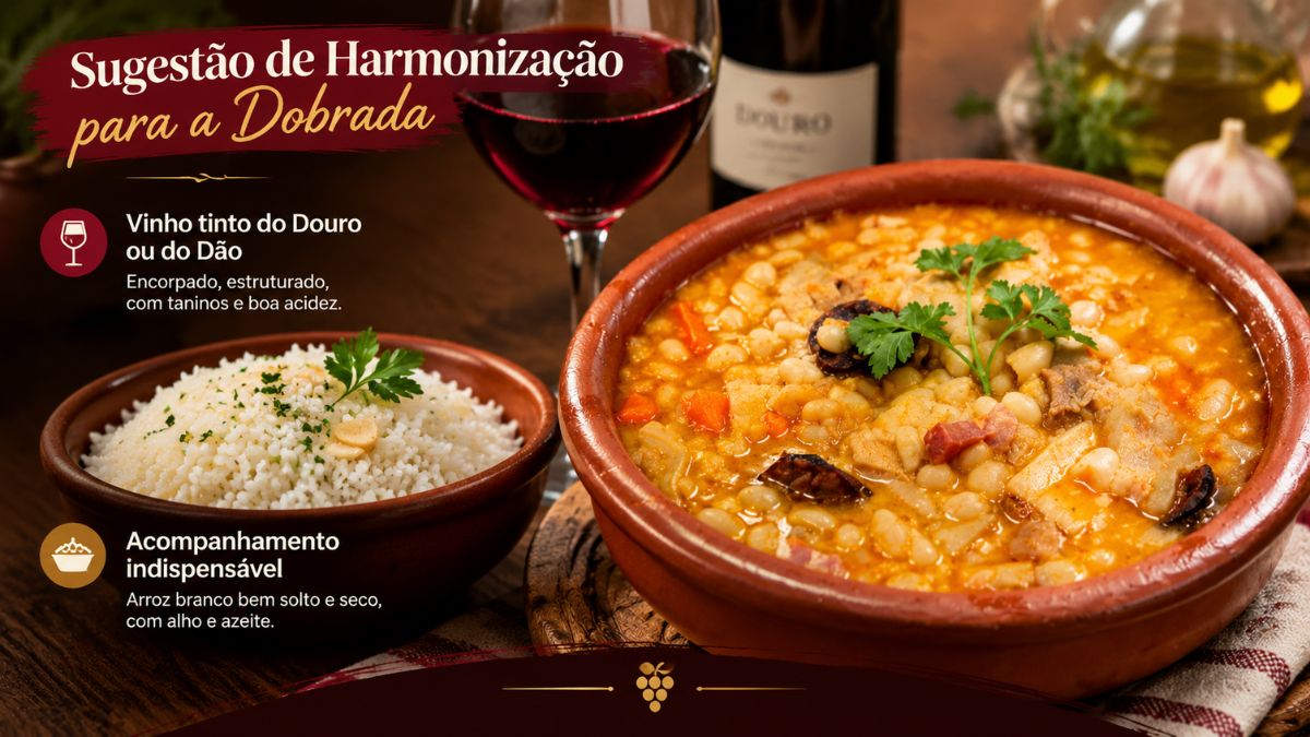Infográfico explicativo sobre harmonização para dobrada tradicional portuguesa, mostrando uma tigela de barro com dobrada de feijão-branco e tripas, acompanhada por uma taça de vinho tinto, garrafa de vinho do Douro e um recipiente com arroz branco solto picado com salsa. Há textos descritivos destacando o vinho tinto encorpado e o acompanhamento de arroz.