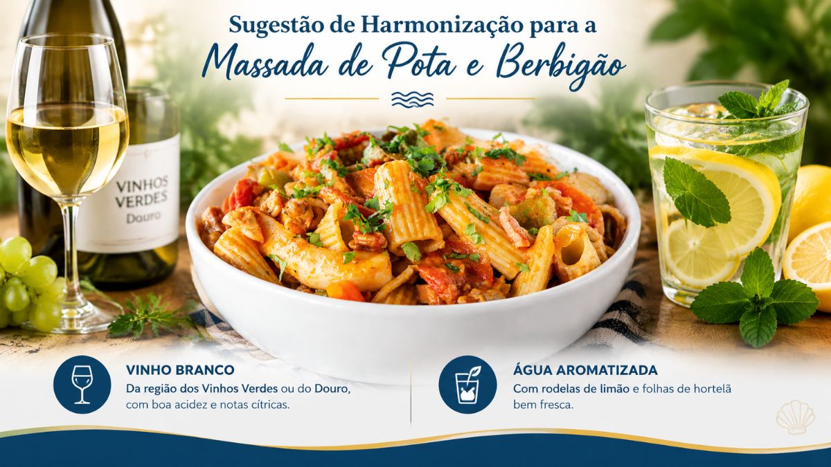 Infográfico com sugestão de harmonização para massada de pota e berbigão destacando um copo de vinho branco e uma água aromatizada com limão e hortelã.