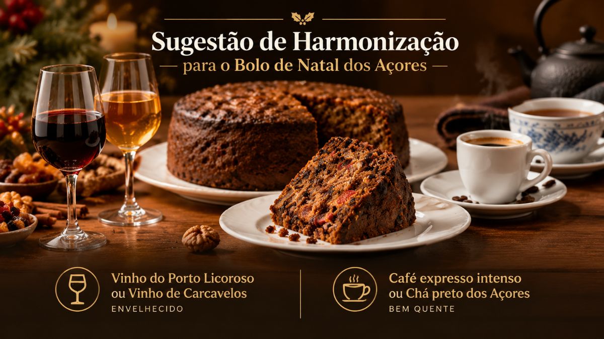 Infografia com sugestão de harmonização para o Bolo de Natal dos Açores mostrando taças de vinho licoroso e chávenas de café.